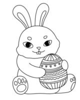 lindo conejo feliz de dibujos animados de Pascua. libro para colorear conejito animal con mascota, huevo. vector