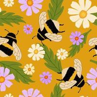 lindo abejorro en patrón sin costuras de pradera. papel tapiz de abejas y flores. vector