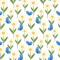 Cute butterfly on chamomile seamless pattern. Summer meadow background. vector