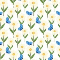 Cute butterfly on chamomile seamless pattern. Summer meadow background. vector