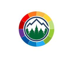 Circular rainbow shape with mountain outline and pine forest inside vector