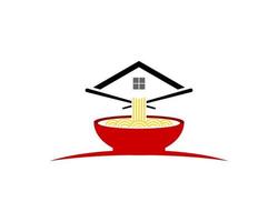 Ramen in the red bowl with roof house on top vector