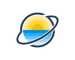 anillo planeta con puesta de sol en la playa dentro vector