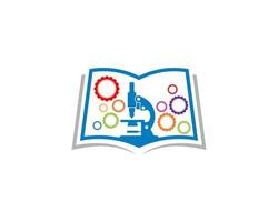 Microscope and gear inside the book logo vector
