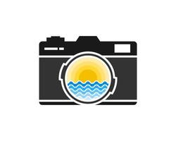 Modern camera with beach sunset inside vector