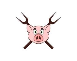 Cross barbeque fork with pig head inside vector