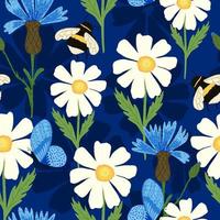 linda abeja en el patrón sin costuras del prado. flores de verano sobre fondo azul. vector