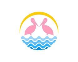 twin flamingo with water wave and sunset vector