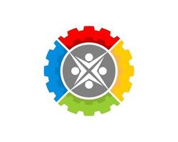Rainbow mechanical gear with people group inside vector