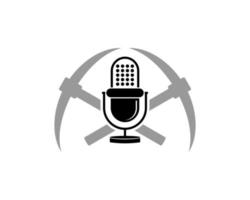 hacha de minería cruzada con micrófono de podcast en el interior vector