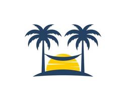 twin palm tree with relax swing and sunset behind vector