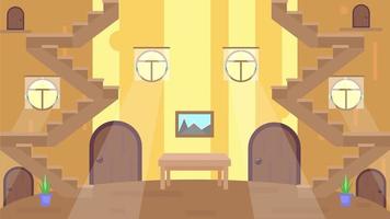 interior inside a wooden house with stairs, doors, table and paintings vector