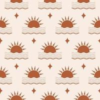 Minimalistic abstract seamless pattern with geometric sun and wave on pastel background. Bohemian pattern for wallpaper, textile, fabric, interior design. Modern vector illustration. Terracotta colors