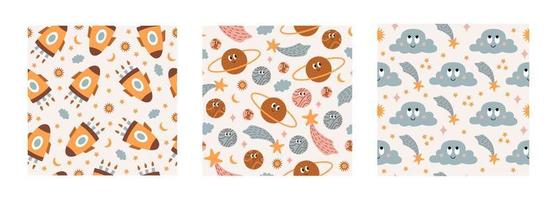 Modern colorful set seamless pattern with space elements on pastel background. Cute vector cartoon illustration