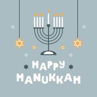 Happy Hanukkah poster with creative symbols in flat style. Modern design for card, banner, typography. Vector illustration