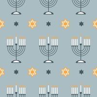 Happy Hanukkah seamless pattern with creative symbols on blue background. Modern festive design for wallpaper, wrapping paper, fabric, banner. Vector illustration