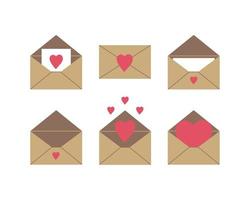 Vector set of open and closed kraft envelopes with a love message and hearts on a white background. Trendy flat design for Valentine's Day, wedding, logo, app, website
