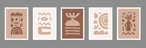 Inspired Matisse set posters with brown cutting organic shapes and objects. Modern creative minimal design. Vector illustration