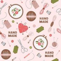 Colorful seamless pattern of sewing tools for embroidery and text on pink background. Trendy hand drawn vector illustration.