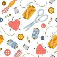 Colorful seamless pattern of sewing tools for needlework on white background. Trendy hand drawn vector illustration.