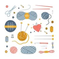 Colorful set of sewing threads, skeins of woolen yarn and tools for needlework. Trendy hand drawn vector illustration. All objects are isolated