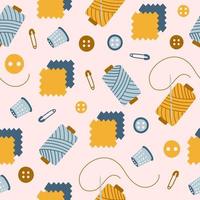 Colorful seamless pattern in yellow and blue colors of sewing tools for needlework on pink background. Trendy hand drawn vector illustration.