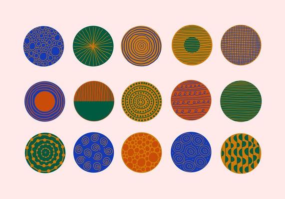 Modern abstract set colorful round shapes with lines, circles, dots, drops. Contemporary vector hand drawn illustration