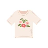 Trendy cute t-shirt with handmade flower embroidery isolated on white background. Woman t-shirt with floral pattern. Vector hand drawn flat illustration