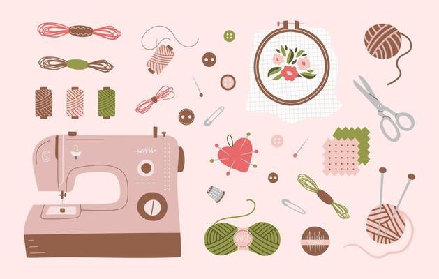 Big set of sewing and knitting tools, needles, scissors, pins, sewing machine, buttons, embroidery hoop, threads, thimble. Trendy vector cartoon illustration