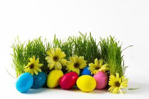 Multicolored Easter eggs in green grass photo