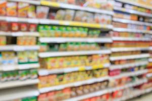 supermarket with products on shelves blur background photo