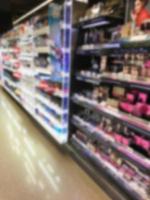 blurred beauty and cosmetics shelves in supermarket photo