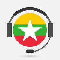 Myanmar flag with headphones. Vector illustration. Burmese language.