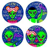 Set of four stickers with portraits of aliens vector