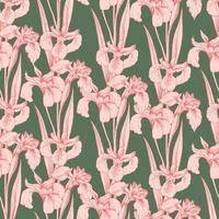 Seamless vector pattern with pink iris flowers on a deep green background. Stock line vector illustration. T-shirt design, textiles, fabrics, covers, wallpapers, print, wrapping gift