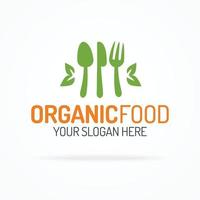 Organic food logo set consisting of silhouette spoon and fork on circle green color for use vegan shop, healthy food store, farm fresh market, vegetarian cafe, natural product etc.