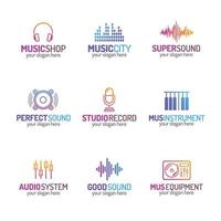 Music shop logo set with different icons color modern style on white background for use music store, sound company, audio system shop, equipment market, dj etc. vector