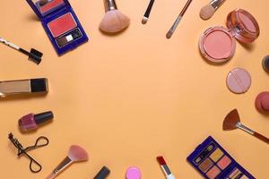 Creative flat lay composition of make up set with copy space photo