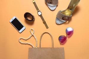 Creative flat lay composition of woman fashion and beauty accessories photo
