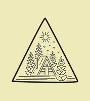 lodge design in the middle of the forest in monoline art style, badge design, T-shirt Art, Tee design vector