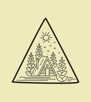 lodge design in the middle of the forest in monoline art style, badge design, T-shirt Art, Tee design vector