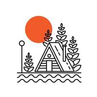 Vector illustration of cottage in mono line style for badge, emblem, patch, t-shirt, etc.