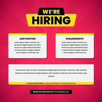 Hiring recruitment design poster. We are hiring join to team announcement lettering in speech window box vector illustration isolated on red background