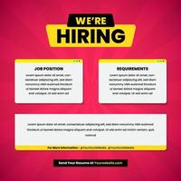 Hiring recruitment design poster. We are hiring join to team announcement lettering in speech window box vector illustration isolated on red background