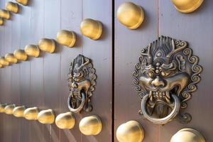 dragon head door knocker on a large wooden door photo