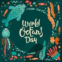 Poster with text World Oceans Day vector