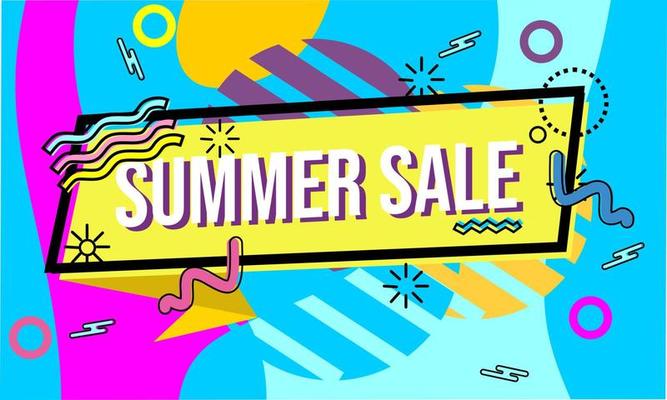 summer sale advertising banner in cheerful and colorful memphis style. advertising design for posters, banners and billboards