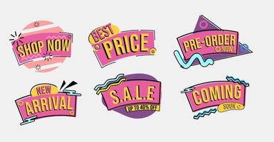 collection of promotional badge stickers with retro 80s theme. used for clothing, food and retail advertising banners vector