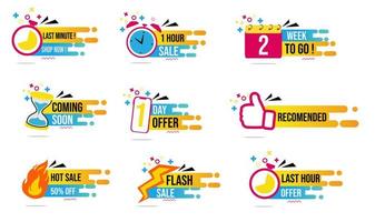 Badge labels set with icons, calendar, countdown set with clock, alarm, hourglass. 1 day sale, 1 week left, last payment offer, stickers. Vector sale countdown sign on white background
