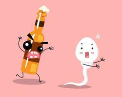 el esperma huye de la caricatura de la botella de alcohol. concepto de espermatozoides y óvulos poco saludables. ilustración vectorial